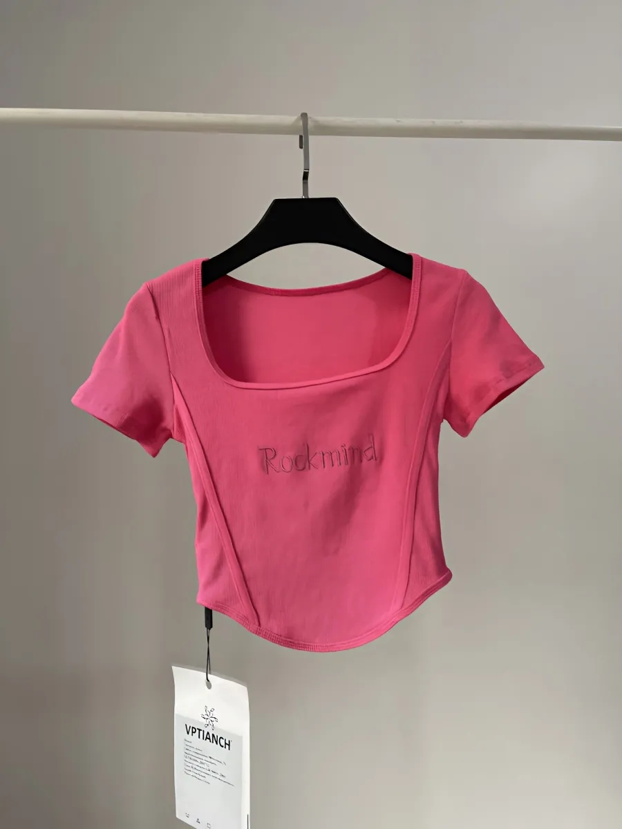 European and American hot girls short high waist navel top women's summer sexy big U-neck tight-fitting curved hem short-sleeved T-shirt