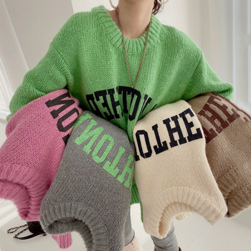 Korean chic exotic candy color round neck letter printed Pullover loose skin friendly long sleeve thickened knitted sweater women