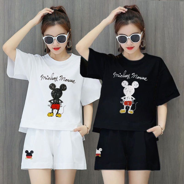 Casual sports suit women's summer Mickey print large loose short sleeve shorts two piece set