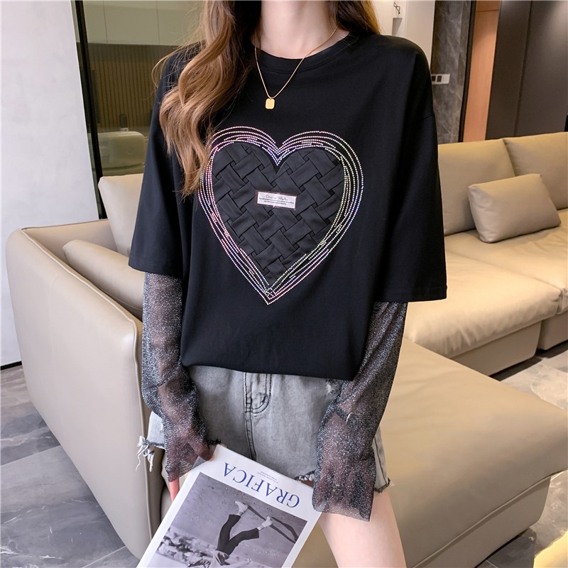Real shooting loose and fake two-piece design sense mesh long sleeve T-shirt women's summer 2022 foreign style aging taped diamond top