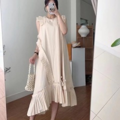 Korean chic crimp stitching crew neck loose solid color flying sleeves irregular dress long skirt