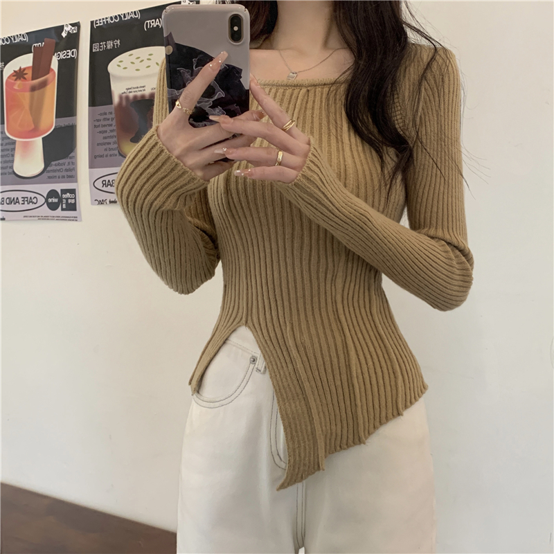 Real price real price autumn and winter new fake two-piece knitted sweater looks thin and irregular bottoming sweater