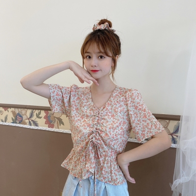 Real shot 100% polyester short sleeve blouse drawstring Chiffon French top floral short