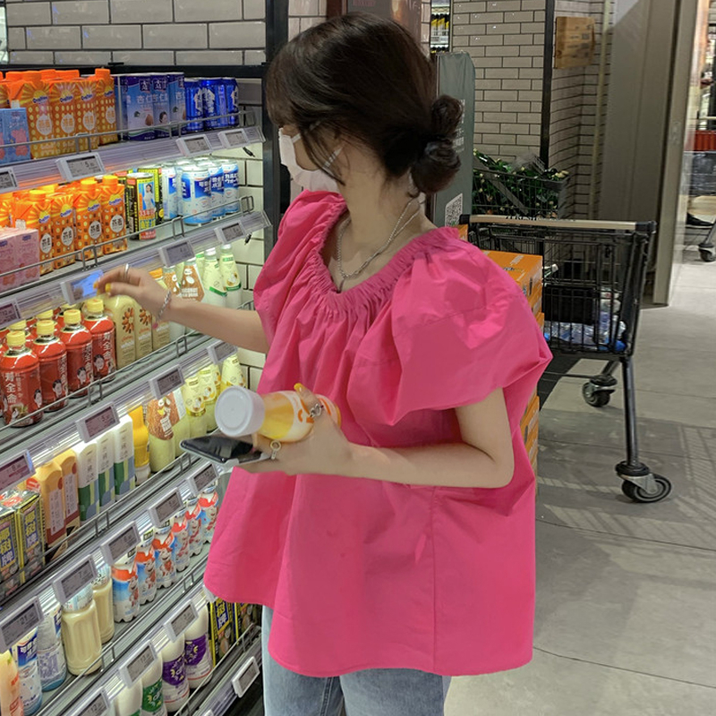 Off shoulder short sleeve top women's design sense minority summer Korean high chic Hong Kong style chic bubble sleeve off shoulder