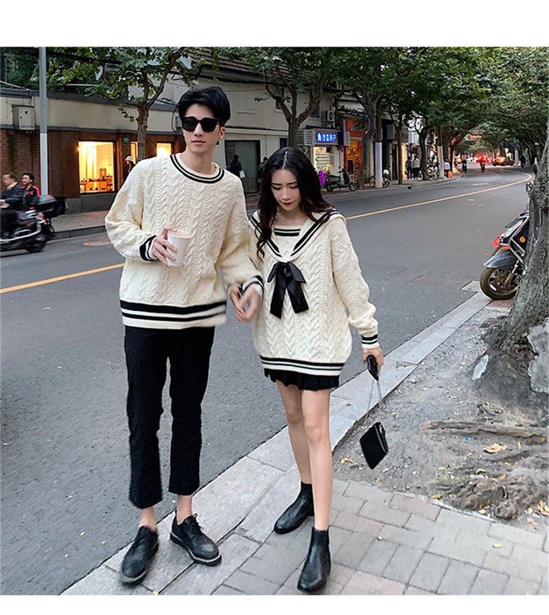 Lovers' new fall / winter 2020 Japanese college style color contrast round neck Pullover Sweater Top