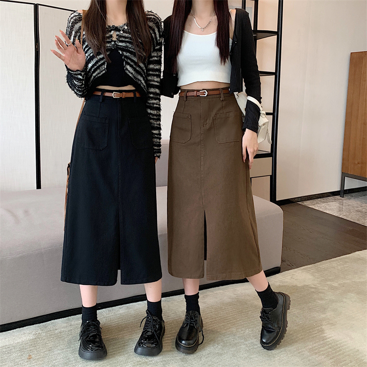 Real price real price new high waist thin middle slit a-line tooling denim skirt women's long skirt with belt