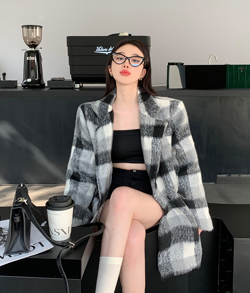 Real price real price gray lattice loose woolen coat women's autumn and winter fashion all-match plaid long-sleeved top