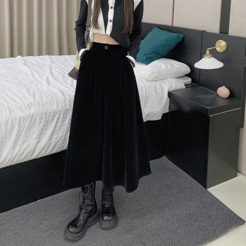 Real shot real price Korean winter new golden velvet high waist skirt showing thin medium length skirt A-shaped skirt