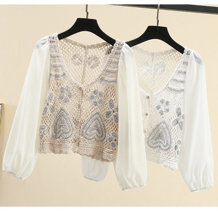 Ins Korean autumn Vintage hollow out love hook flower V-neck loose patchwork top
