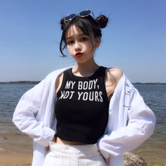 Real shot summer new sexy belly button jacquard letter playful short sleeveless knitted vest