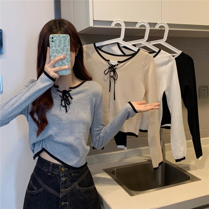 Real shooting real price Early autumn new style slimming round neck pullover straps long-sleeved knitted T-shirt top bottoming shirt women