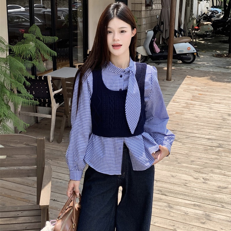 2024秋季格子單排扣長袖襯衫+針織背心兩件套顯瘦甜美套裝女實拍