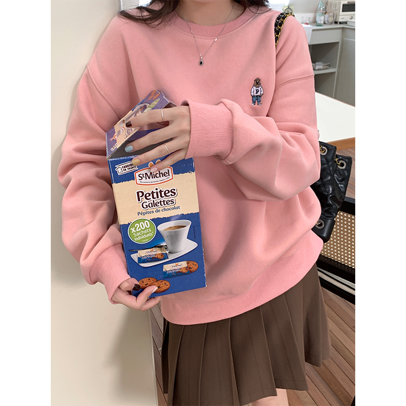 Real shooting autumn and winter new Korean version ins all-match thin and loose bear embroidery casual plus velvet sweater women
