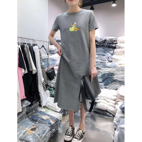 Summer short sleeve dress casual belly covering large women's loose medium length knee over bottomed T-shirt skirt