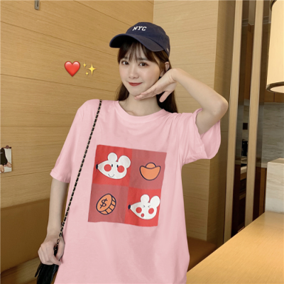 Korean New Sweet cartoon print medium length T-shirt shows thin and versatile short sleeve top fashion