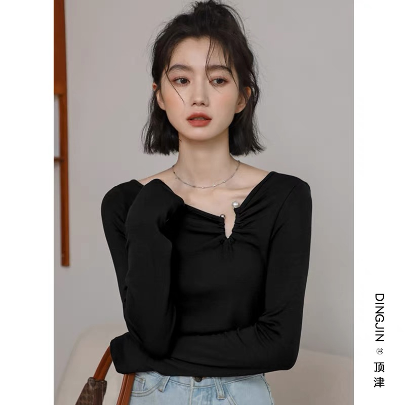 Real Shot - 90% Fiber 10% Spandex 2023 Spring and Autumn De Velvet Plus Velvet Long-sleeved T-shirt Women's Bottom Shirt Sanded