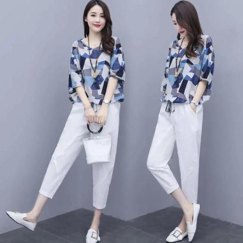 Fashion suit women's summer 2021 new style Imitation cotton hemp foreign style age reducing loose show thin leisure fashion two piece set