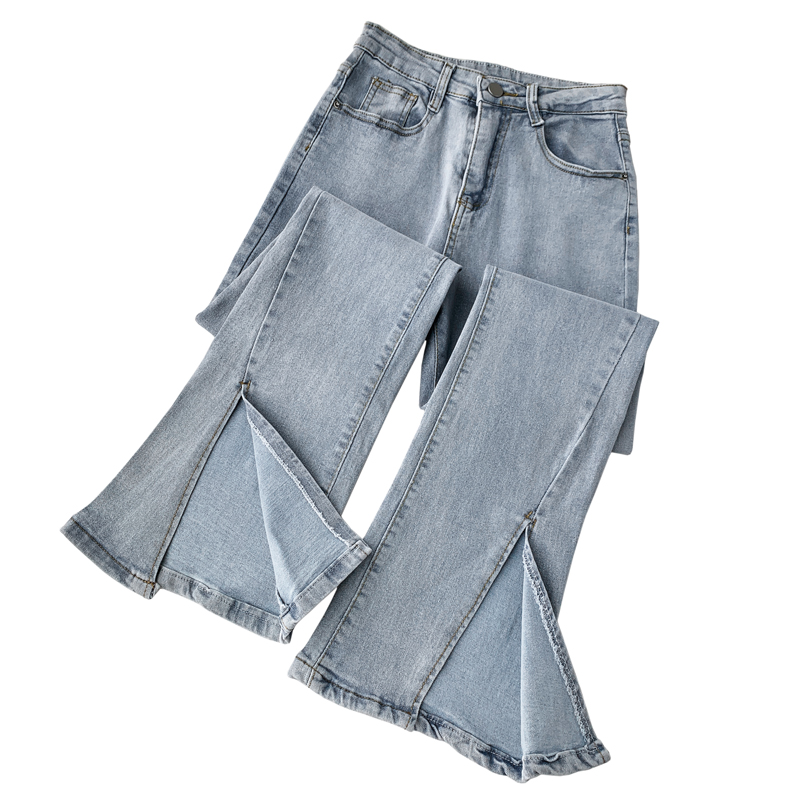 Actual shooting of split slightly flared jeans women's 2022 spring and autumn new elastic high waist straight tube shows the trend of thin horn floor mops
