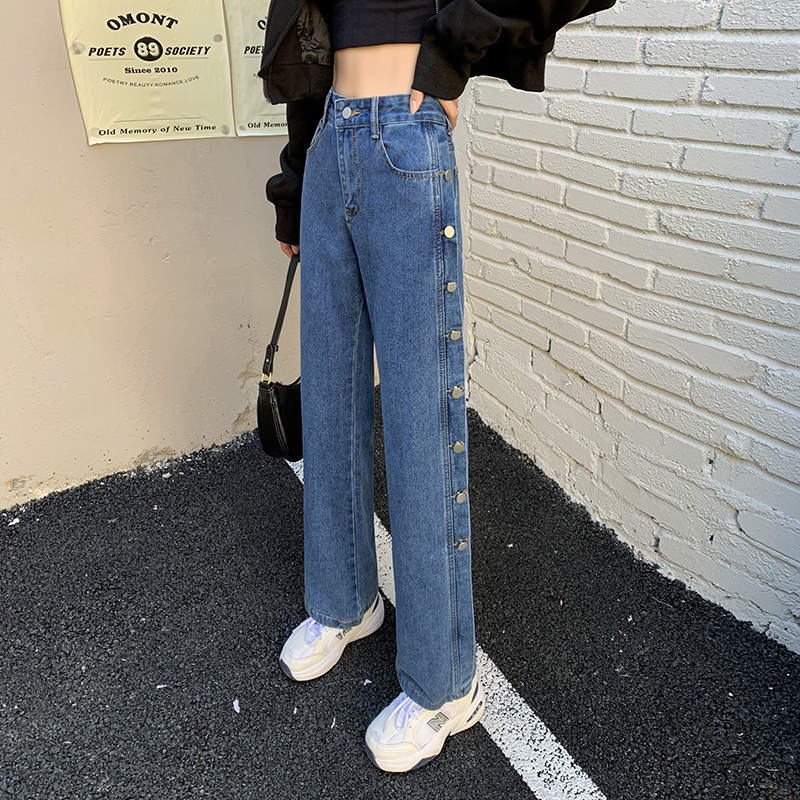 Real shot ~ side breasted jeans women's straight tube loose fashionable casual pants high street high waist thin and versatile