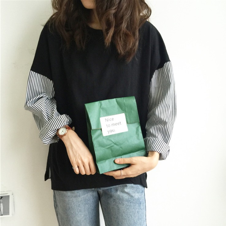 Spring and Autumn New Korean style loose and versatile BF style stripe stitched long sleeve T-shirt