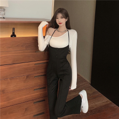 Real price ~ solid color design slant shoulder T-shirt + versatile high waist Jumpsuit