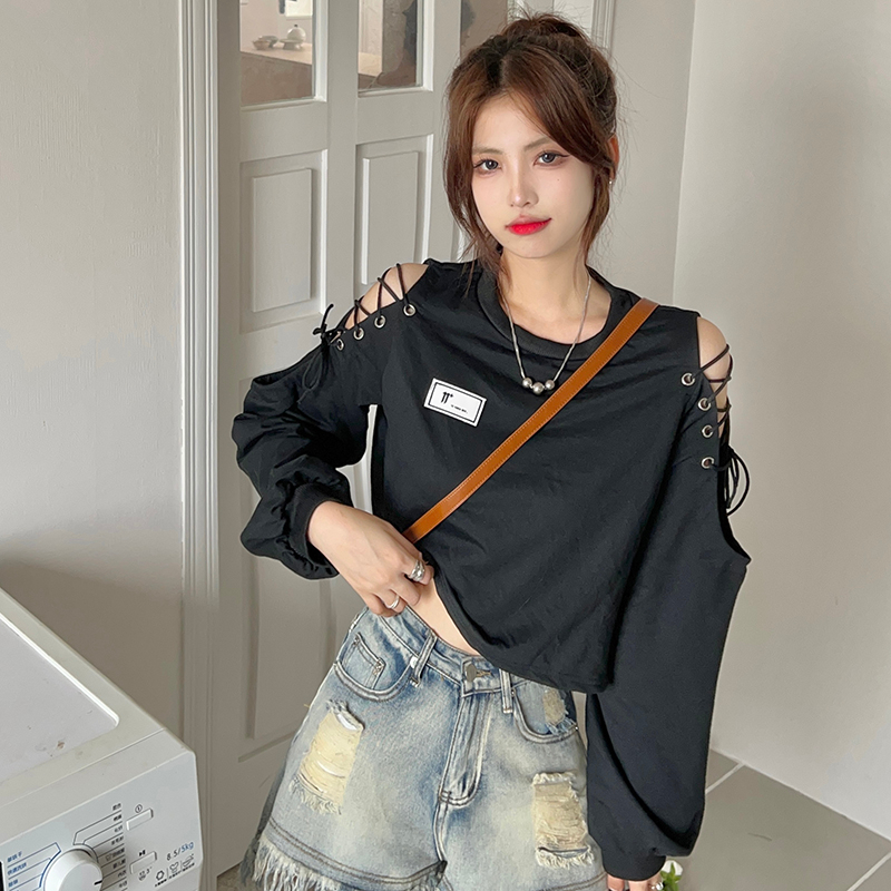 Real shot black strapless off-the-shoulder sweater women's spring and autumn long-sleeved loose design niche short shoulder digging top