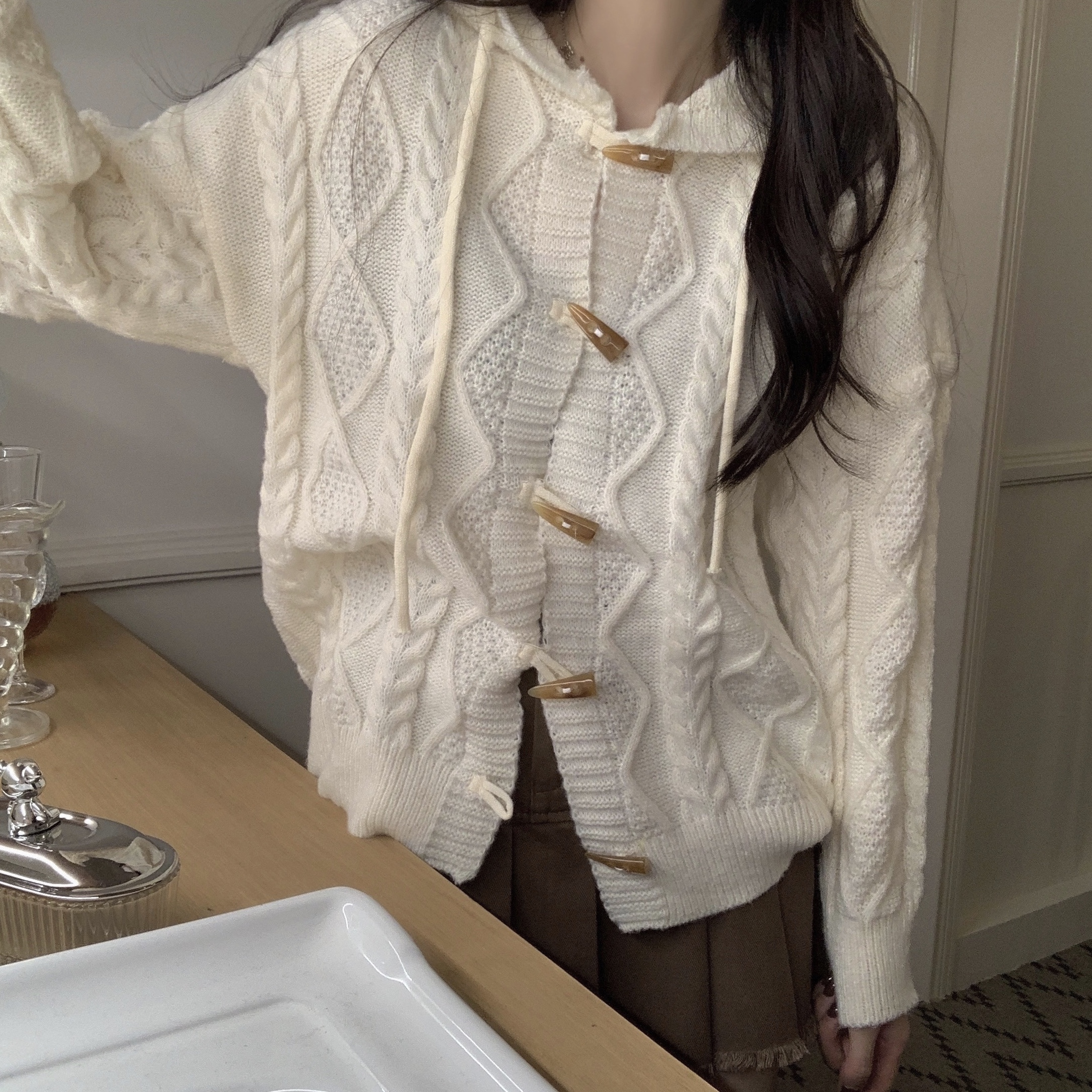 Real auction real price autumn and winter twist horn button hooded knitted sweater jacket