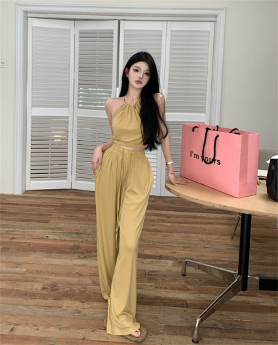 Real price real price Sexy pure desire suit hanging neck wrap top + drape casual wide-leg pants two-piece set