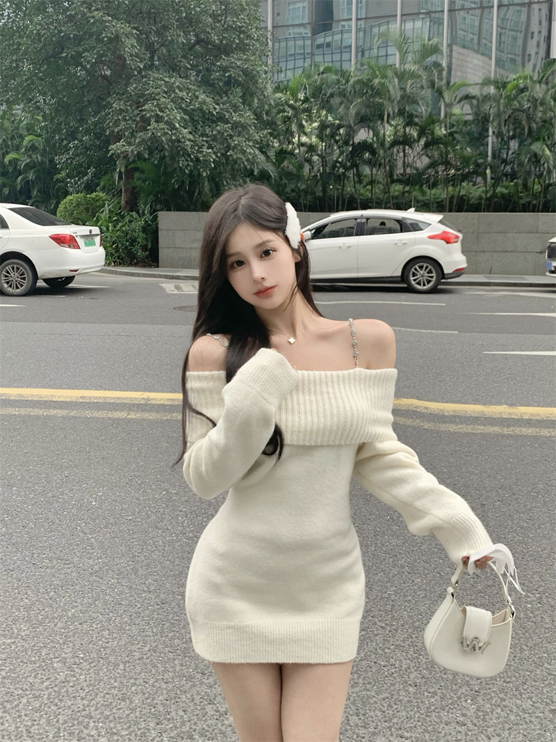 Real price real shot Autumn and winter new one-word collar slim-fit knitted dress temperament sweater bag hip skirt