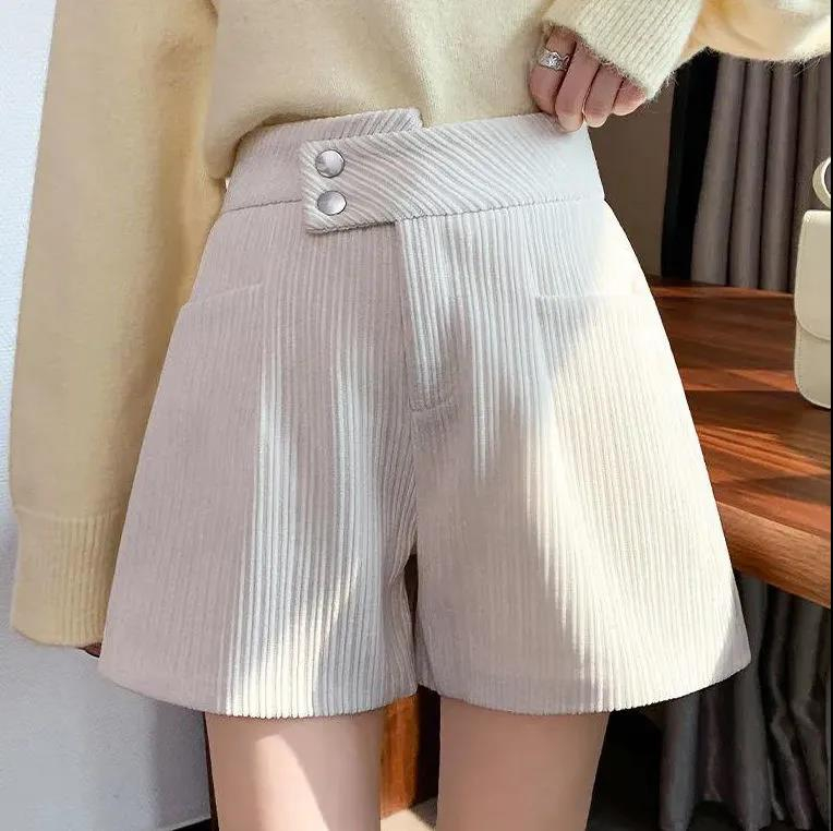 Corduroy shorts women's spring and autumn high waist irregular wide leg pants outer wear all-match straight leggings