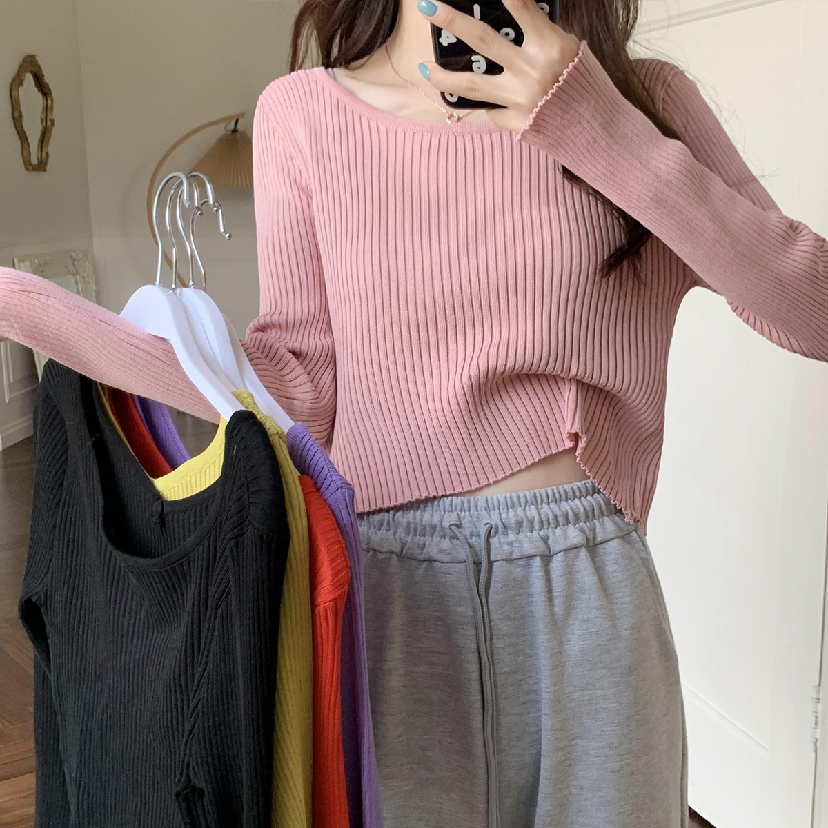 Real shooting and real price new slim fit and slim short two-sided V-neck bottomed sweater long sleeve top