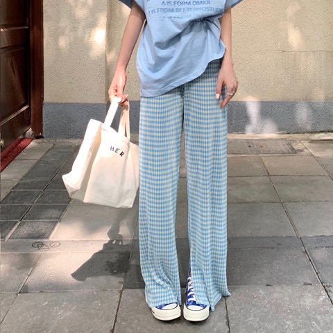 2022 new Plaid split thin summer loose pleated long pants pleated wide leg pants fashion