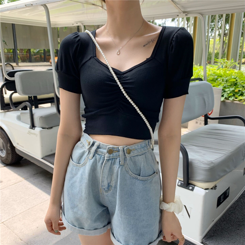 Real price French style square collar leaky clavicle T-shirt women's bubble sleeve elastic tight short open navel top