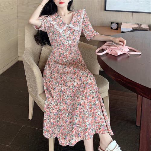 European and American big brand printed V-neck Floral Chiffon dress women's  summer new waist closing thin French dress