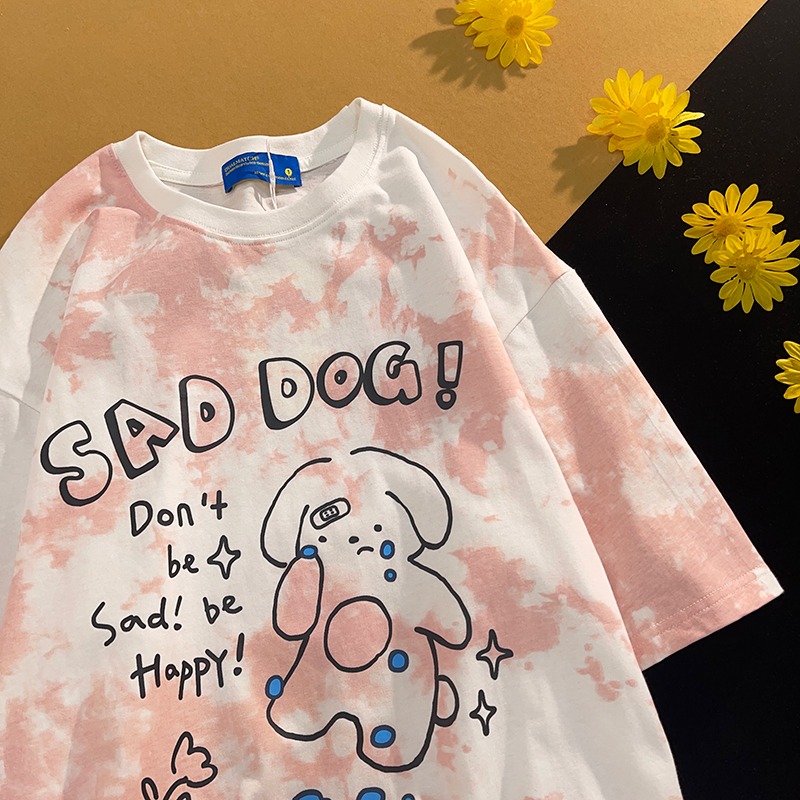 Cute little bear tie dye print loose short sleeve T-shirt women's new couple half sleeve top