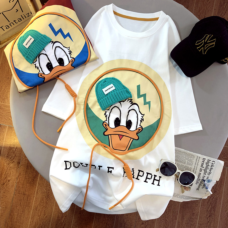 Cotton short sleeved T-shirt women's summer 2022 medium length three-dimensional decorative round neck new top large women's wear