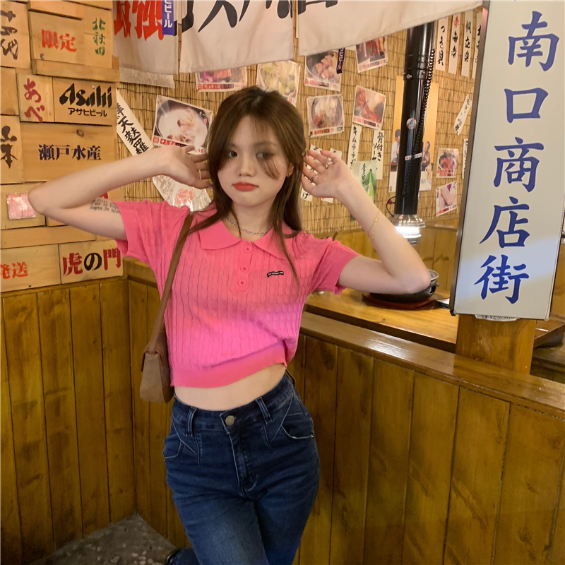 Real price sweet white fried dough twist knitted Polo Shirt Short Sleeve Top