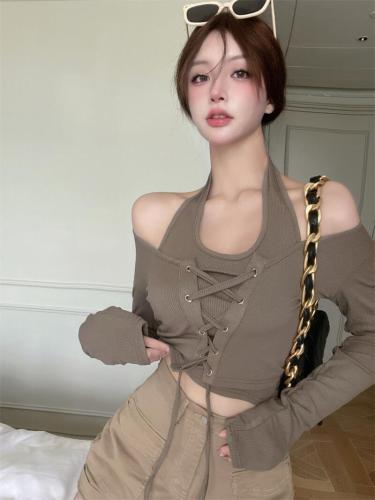 Real price real price Spring new hanging neck waist strap chic slim fake two-piece long-sleeved top women