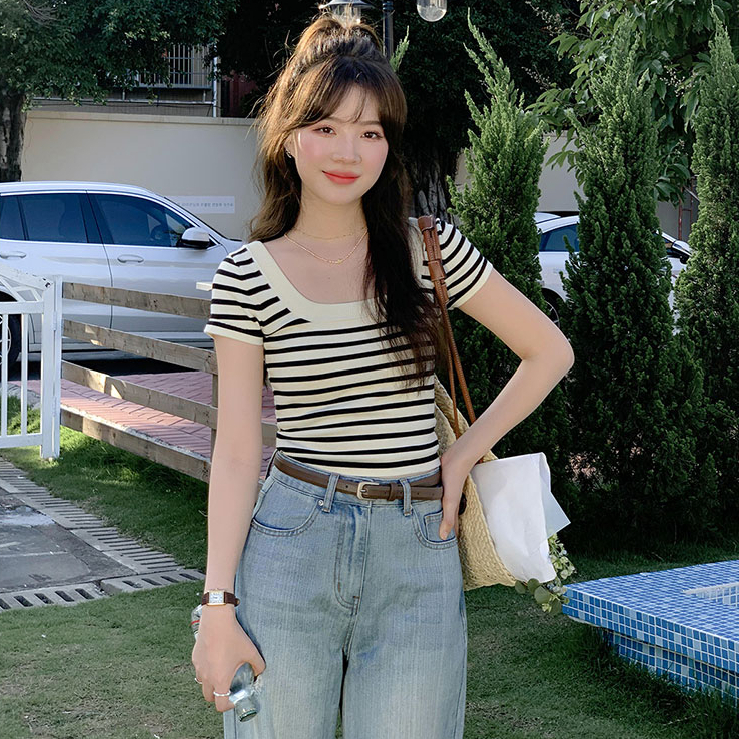 Square collar striped ice silk knitted T-shirt women's summer thin section design sense niche chic unique short shoulder top