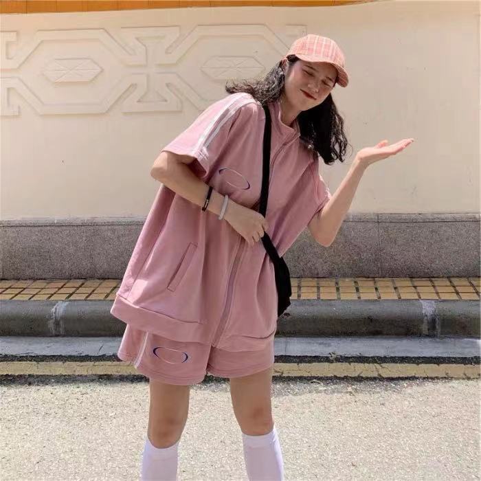 Official pink leisure sports suit women's fashion two-piece suit student trend
