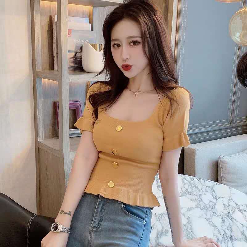 2020 new short top Summer Short Sleeve T-Shirt women's inschaowanghong slim Tight Sexy knitting foreign style