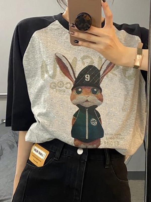 Official picture pure cotton bag shoulder bag collar short-sleeved t-shirt female splicing raglan shoulder color matching ins trendy student top