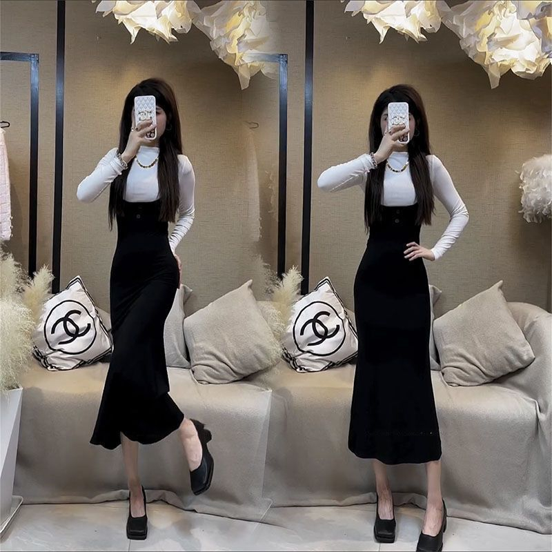 French Slim Slim Half High Collar Bottom Shirt Set 2022 Autumn New Sexy Strap Fishtail Skirt Two-piece Set