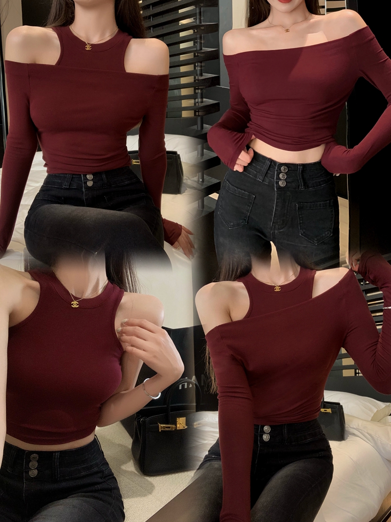 Real shot 2023 summer pure desire sexy gentle trap real two-piece set with shoulder-cut vest + one-shoulder super cute T-shirt