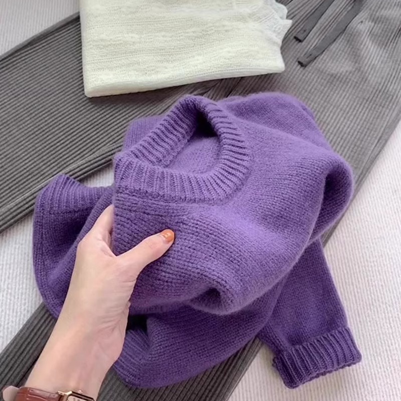 Chic Purple Round Neck Women's Sweater with Thickening - 2024 Early Autumn New Arrival Korean Style Plain Color Simple and Versatile Top