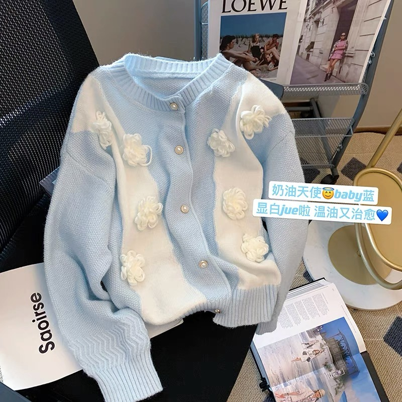 Japanese cardigan flower sweater women's spring and autumn loose ins lazy style design niche soft glutinous sweater jacket