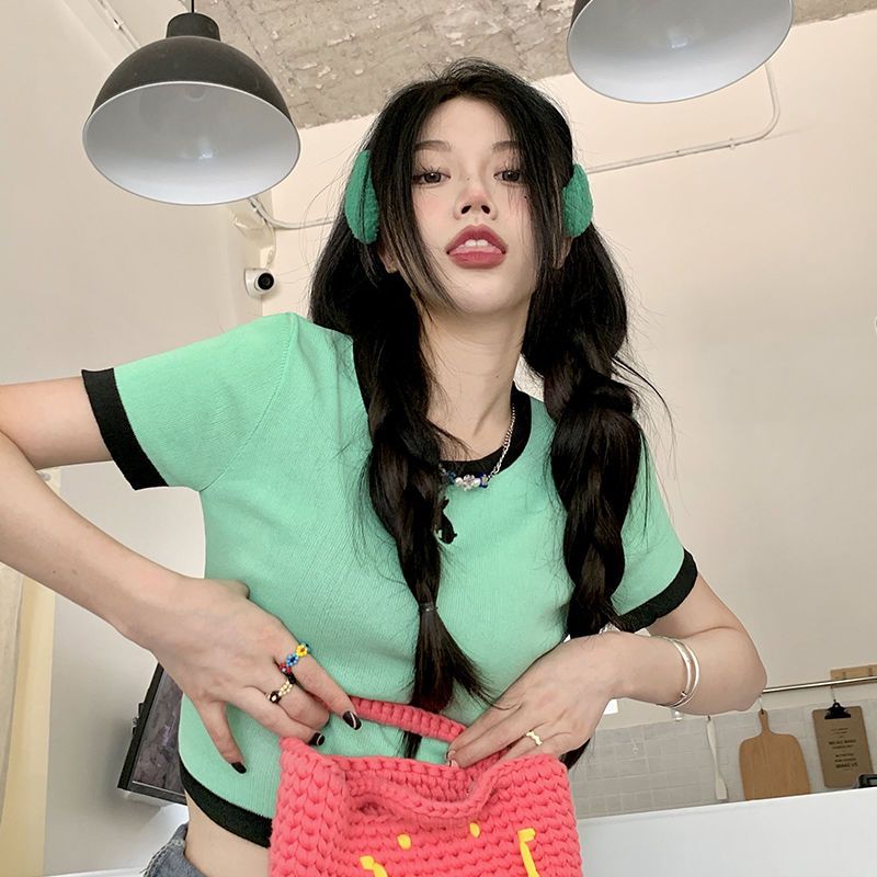Retro front shoulder short-sleeved T-shirt women's summer 2023 new all-match hot girl short top icy silk A48