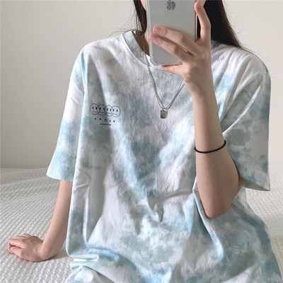 Korean tie dye Hong Kong Style Short Sleeve T-Shirt women's loose student top medium length