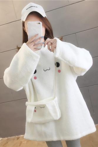 Real shot of 2020 winter wear Korean fashion Plush thickened hooded cartoon embroidery lamb cashmere large women's sweater