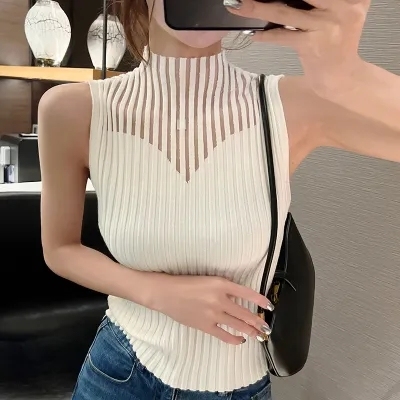 Half-high collar hollow-knit camisole mesh splicing inner strap sweater vest tight-fitting sleeveless mid-collar bottoming